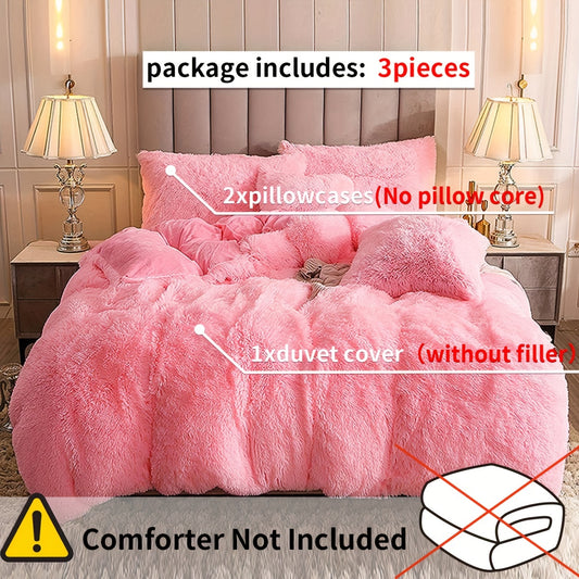 3pcs Multicolor Polyester Long-Hair Duvet Cover Set | Solid Color, Knitted, Zipper Closure, Plush Fabric, All-Season Comfort