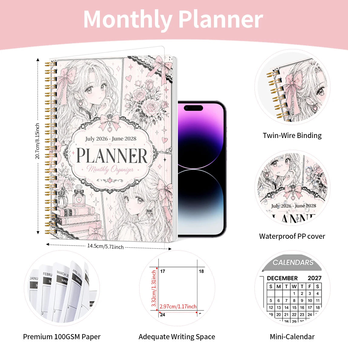 2026-2028 Monthly Planner, Pink Manga Girl Cover Spiral Calendar Notebook, PP Cover, 100GSM Paper, Mini Calendars