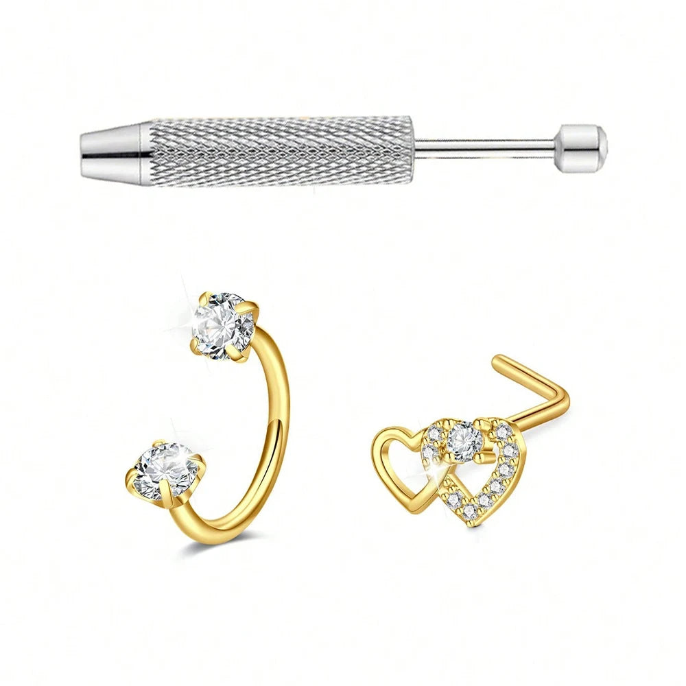 3pcs/Set Heart Horseshoe Nose Ring Nose Studs, Silver Gold Nose Ring, Stainless Steel Nose Piercing Jewelry For Women Man