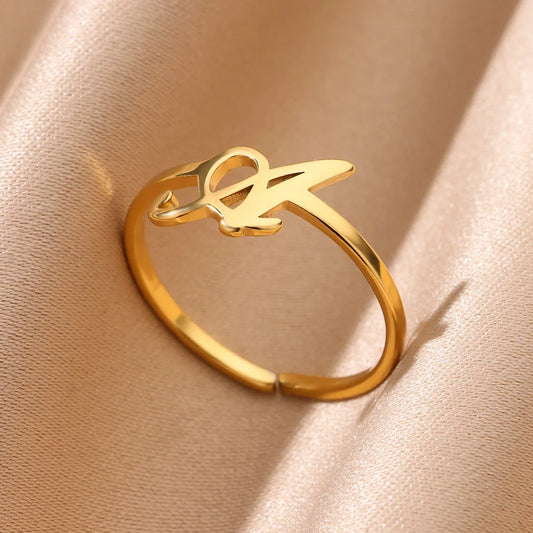 Initial Letter Rings For Women Gold Color Stainless Steel A-Z Letter Adjustable Ring Aesthetic Wedding Christmas Jewelry Gift