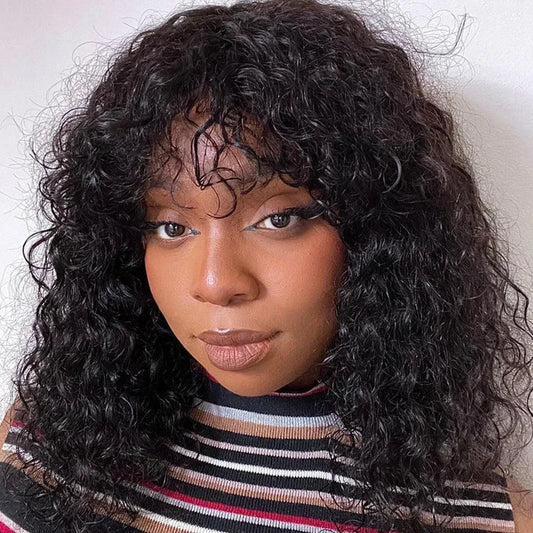 Curly Human Hair Wig with Wispy Bangs โ 200% Density