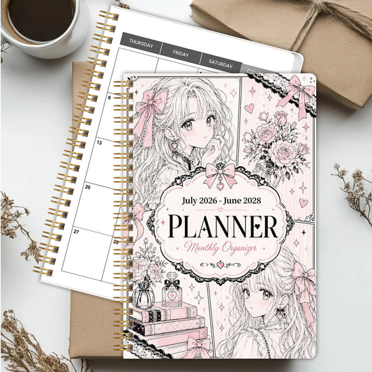 2026-2028 Monthly Planner, Pink Manga Girl Cover Spiral Calendar Notebook, PP Cover, 100GSM Paper, Mini Calendars