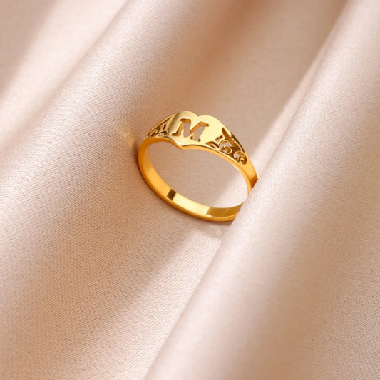 Initial A-Z Letter Rings For Women Gold Color Stainless Steel Heart Alphabet Name Finger Ring Punk Birthday Jewelry Gift Femme