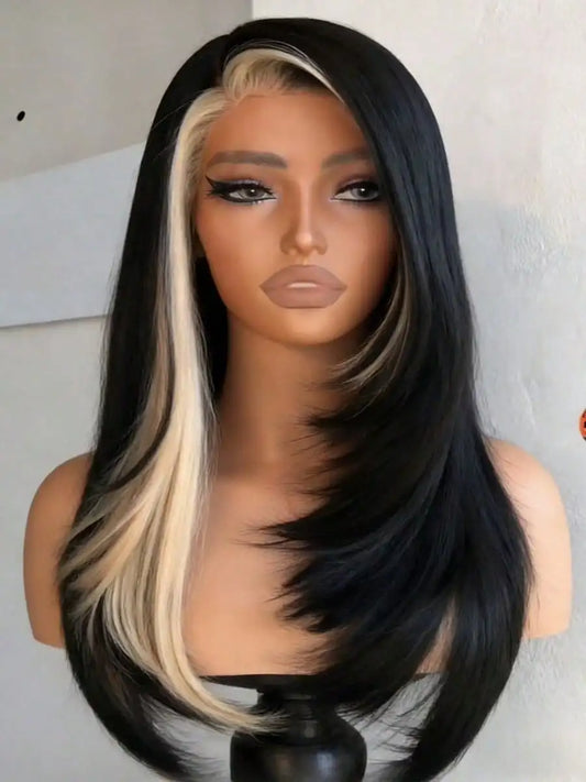 Highlight White Bone Straight 13x4 HD Transparent Lace Front Wig Black and White Glueless Human Hair for Women 200% Density