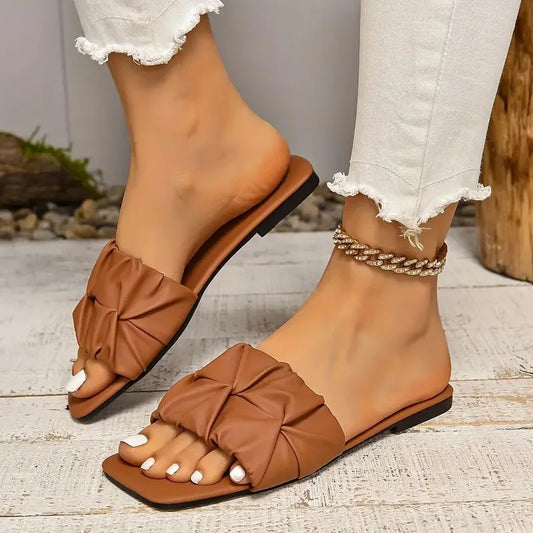 Summer Slippers for Women Flip Flops Flats New Pleated Korean Slippers Women Sandals Green Slip on Shoes Plus Size 35-43