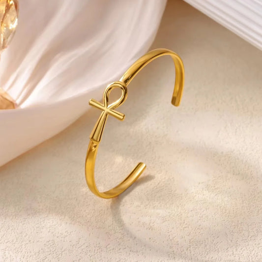 Stainless Steel Ankh Cross Bracelet For Women Men Gold Color Cross Cuff Bangles Vintage Egyptian Religion Jewelry Gifts