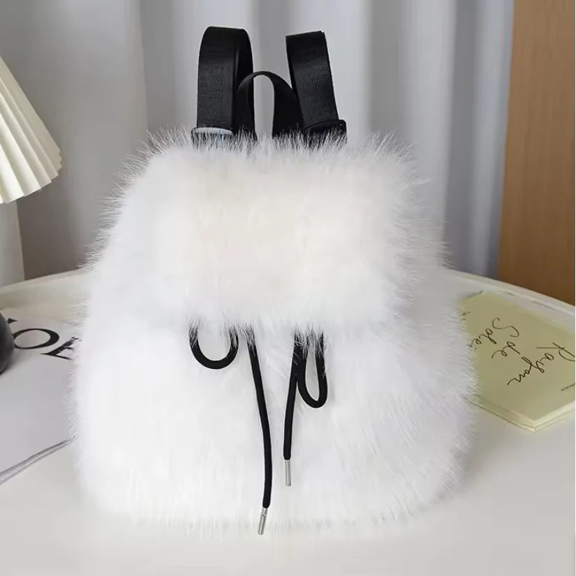 2026 Casual Faux Fur Backpack for Women Drawstring Flap Closure Large Capacity School Bag Trendy Travel
