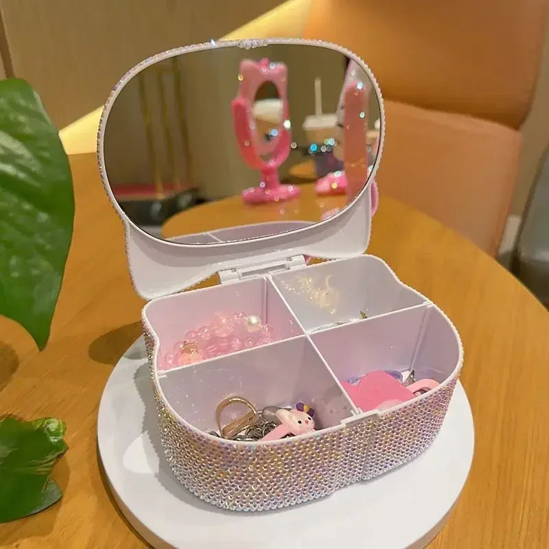 Hello Kitty Storage Box DIY Sticker Diamond Jewelry Box With Mirror Cartoon Full Diamond Desktop Box Birthday Gift For Girl kids