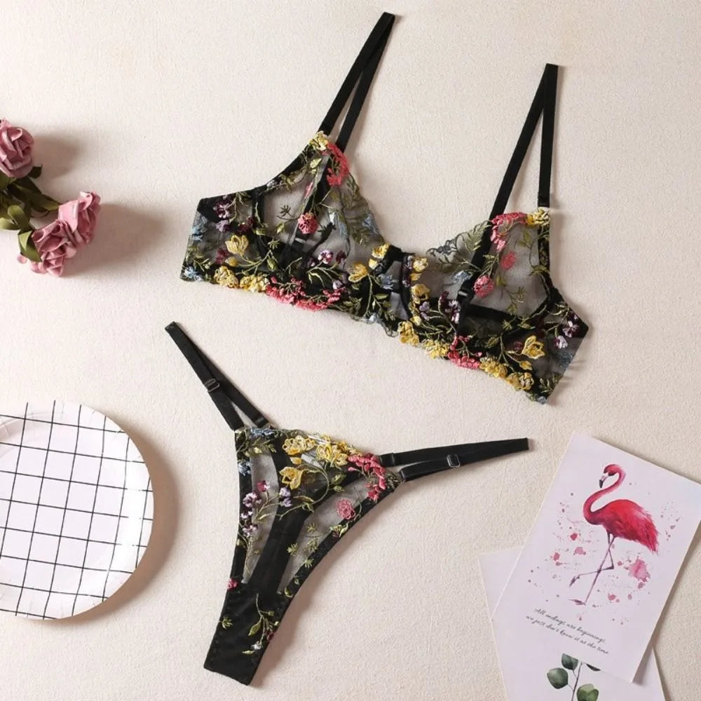 Floral Embroidery Wireless Bra & Panty Set