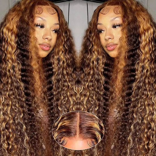 250% Density Highlight Colored 13x4 Lace Frontal Human Hair Wig Brazilian 4/27 Deep Wave Human Hair Wigs For Women Pre Plucked