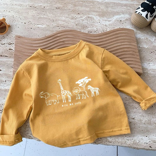 Simple Tees 2-7Age Kids Long-sleeved T-shirts Loose Casual Clothes Cartoon Animals Printed Crewneck Base Shirt Pure Cotton Wear