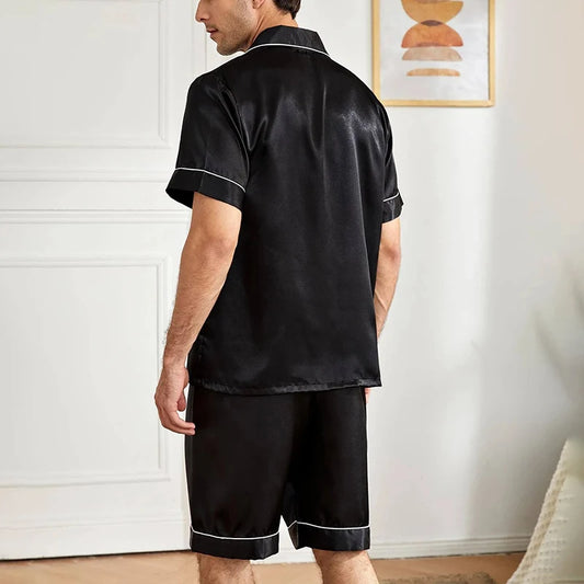Men Satin Pajama Set Sleepwear for Man Summer Short Sleeve Button-Down Shirt & Shorts Pajamas 2 Piece Home Clothes Short Suit