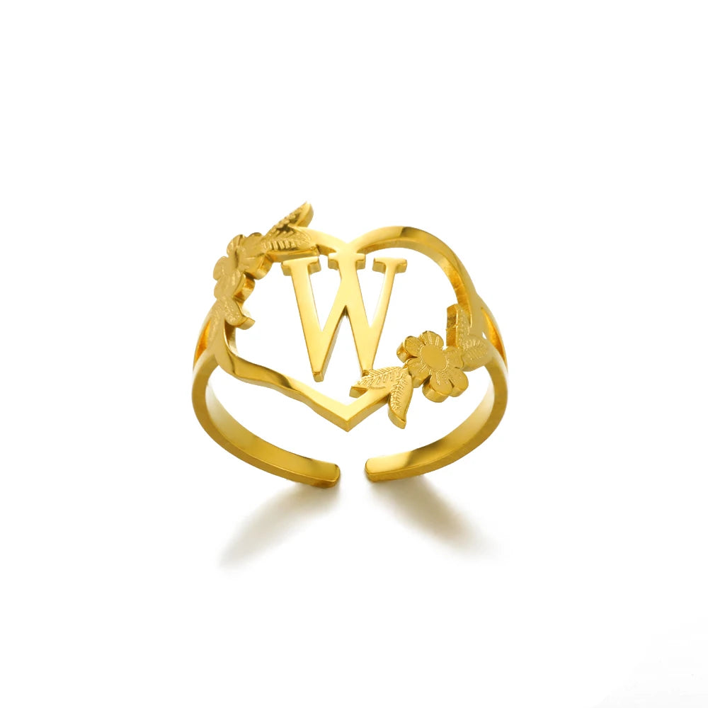 Stainless Steel Gold Color Heart A-Z Letter Rings For Women Anillos Mujer Love Open Initials Name Alphabet Ring Jewelry Gift