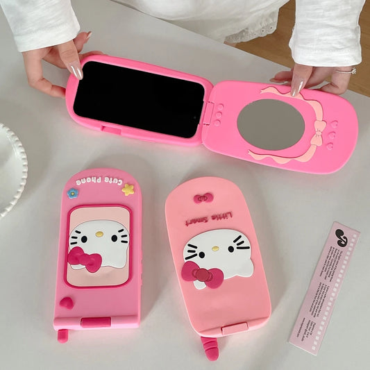 3D Cute Sanrio Hello Kitty Hide Makeup Mirror Flip Cover Phone Case For iPhone 17 16 15 14 13 Pro Max Soft Silicone Cover