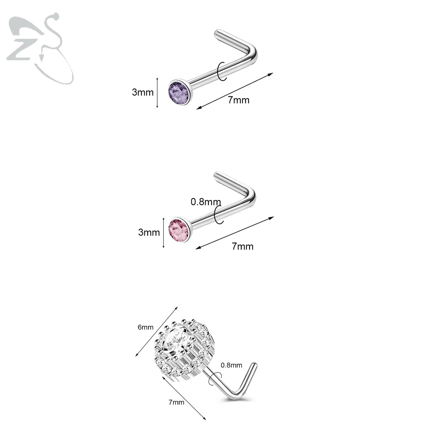ZS 3pcs/lot 20G Stainless Steel Nose Stud Set Moon Heart Butterfly Crystal Nose Piercing Screw L Shape Nostril Piercing Jewelry