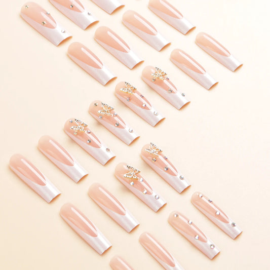 24 pieces of gentle nude long press-on nails (square shape), paired with 1 piece of jelly glue and 1 nail file