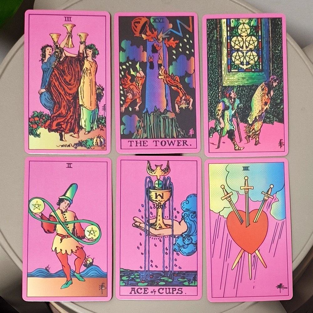 Pink Neon Tarot Deck - 10.3*6cm 78 Classic Rider-Waite Smith Cards Vibrant Trippy Design