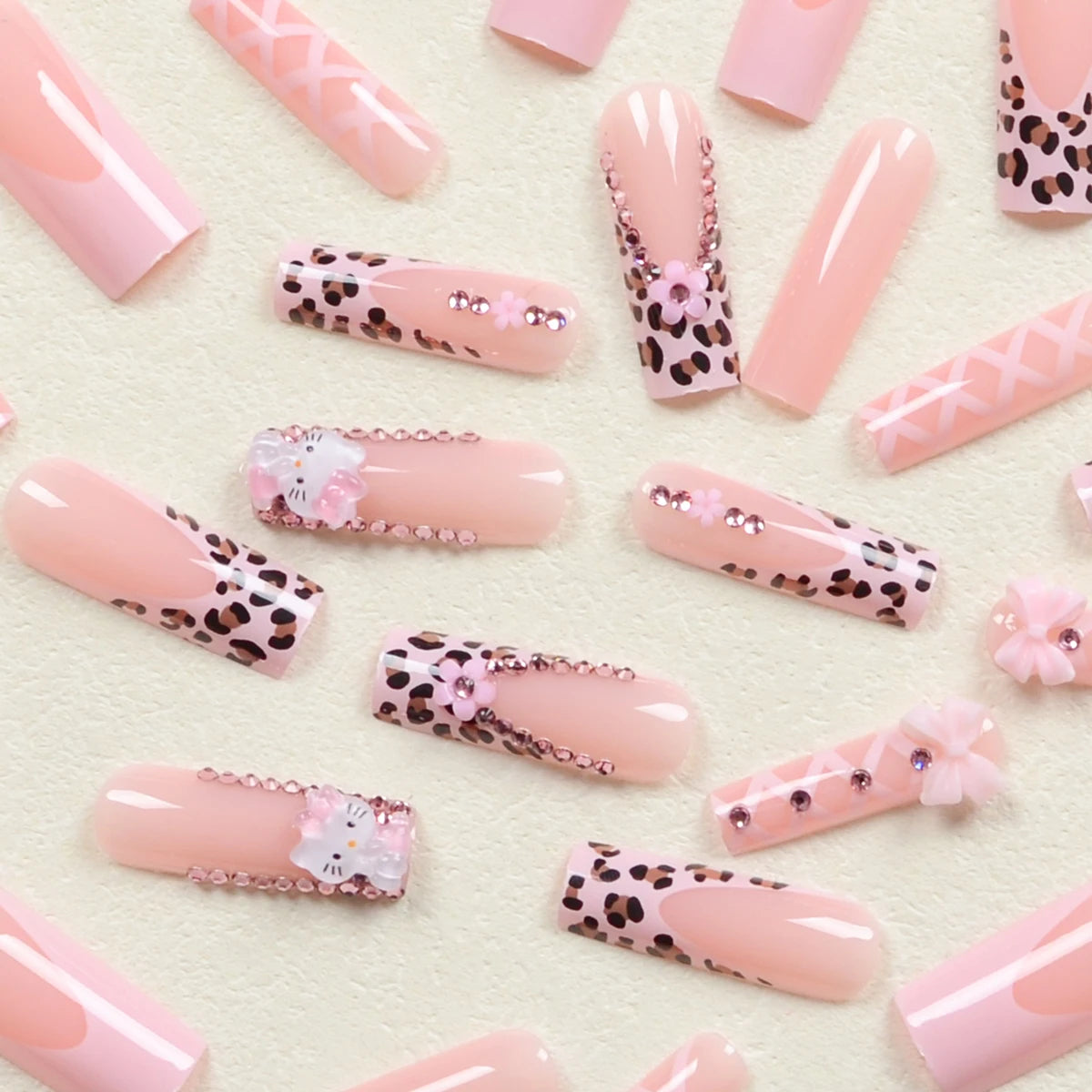 24Pcs Long Ballet Shape Nail Pink Leopard French Nail Art Patch Stereo Bow Pink Five-Petal Flower Ballet Style Fake Nail