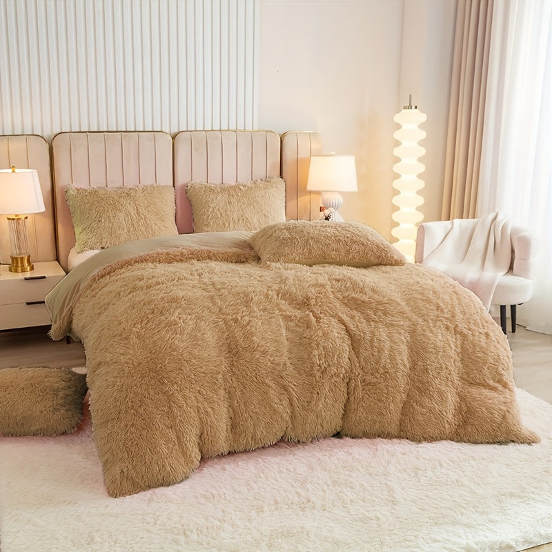 3pcs Multicolor Polyester Long-Hair Duvet Cover Set | Solid Color, Knitted, Zipper Closure, Plush Fabric, All-Season Comfort