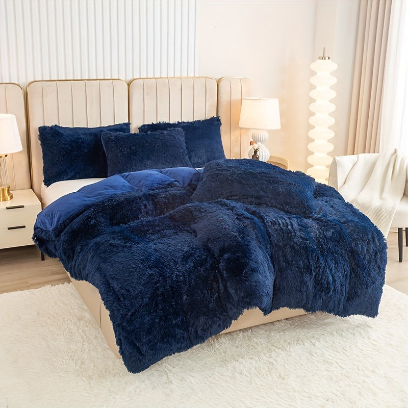 3pcs Multicolor Polyester Long-Hair Duvet Cover Set | Solid Color, Knitted, Zipper Closure, Plush Fabric, All-Season Comfort