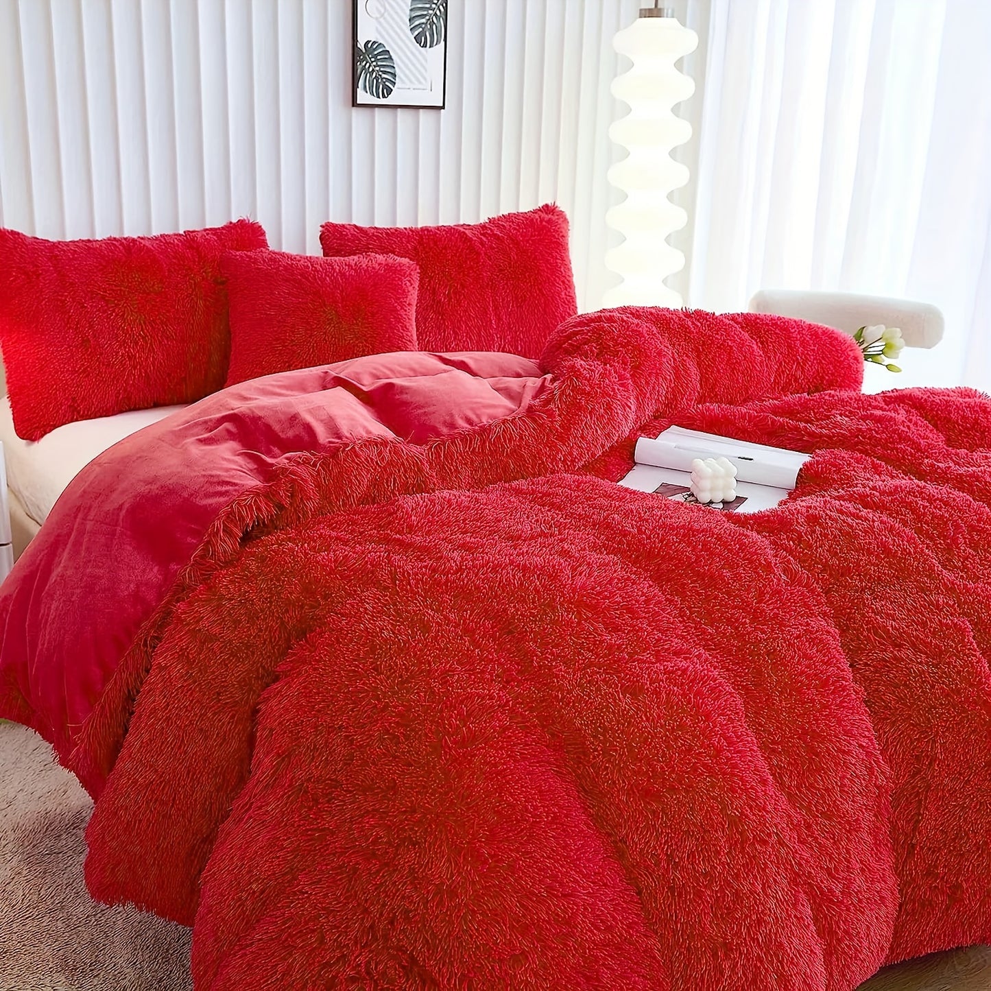 3pcs Multicolor Polyester Long-Hair Duvet Cover Set | Solid Color, Knitted, Zipper Closure, Plush Fabric, All-Season Comfort