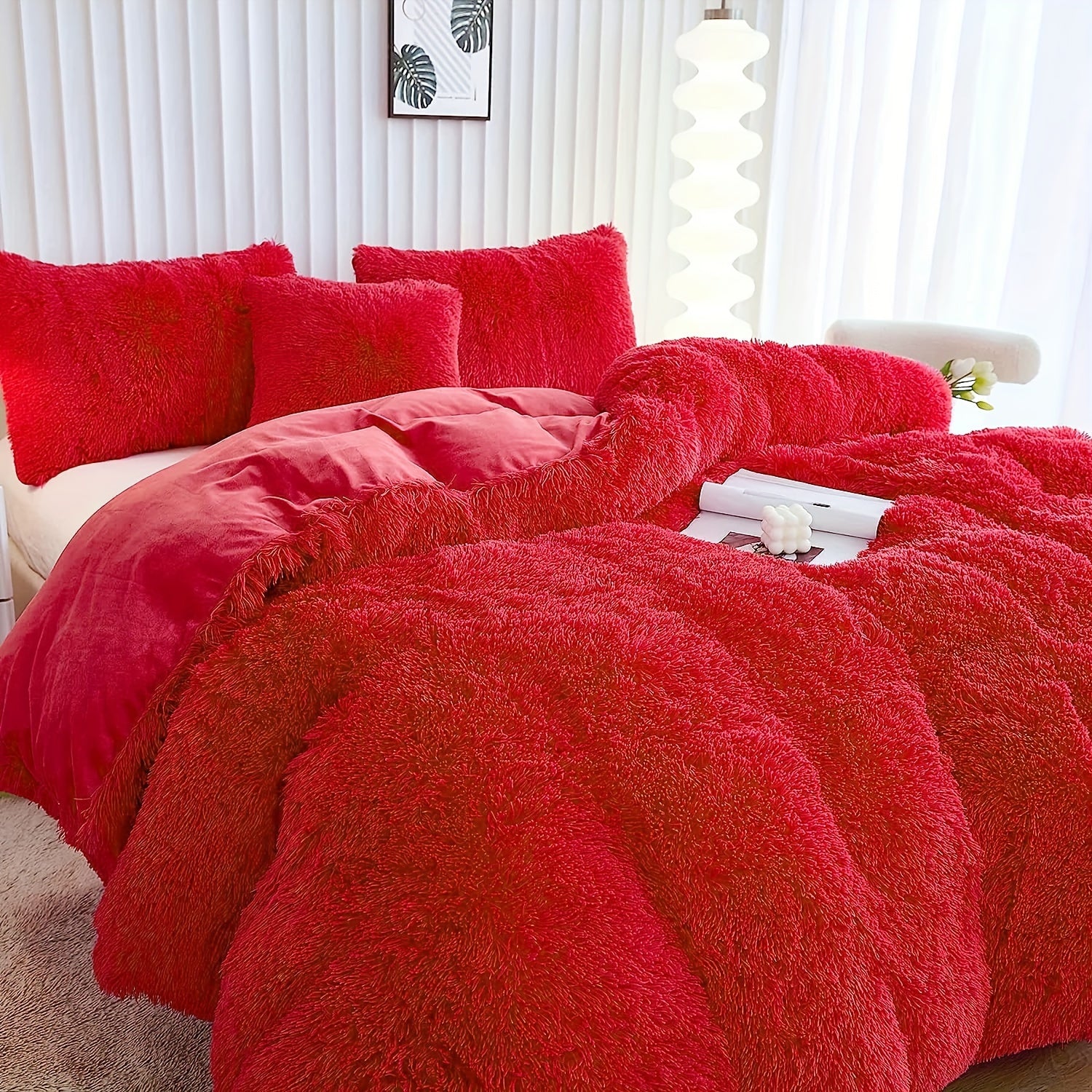 3pcs Multicolor Polyester Long-Hair Duvet Cover Set | Solid Color, Knitted, Zipper Closure, Plush Fabric, All-Season Comfort