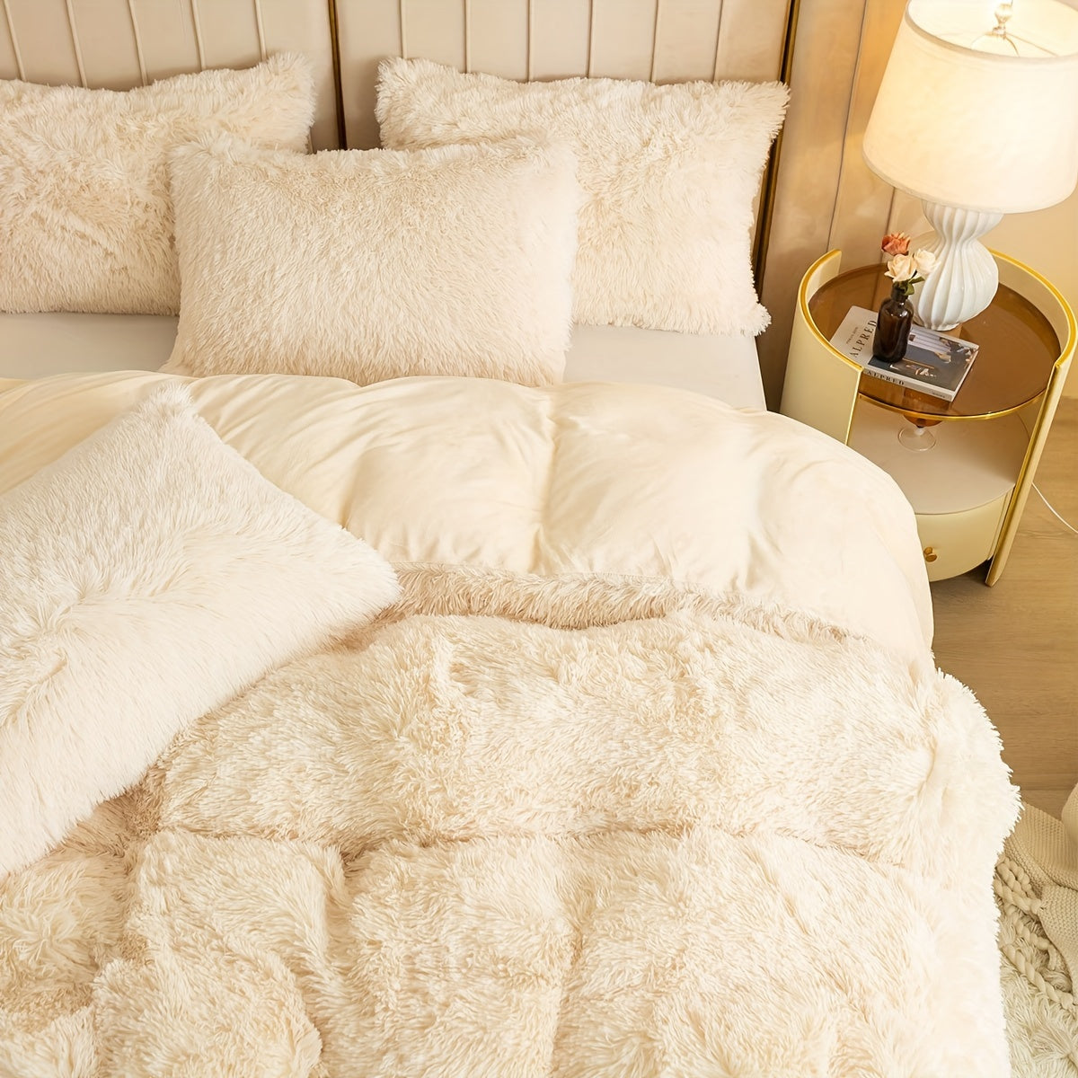 3pcs Multicolor Polyester Long-Hair Duvet Cover Set | Solid Color, Knitted, Zipper Closure, Plush Fabric, All-Season Comfort