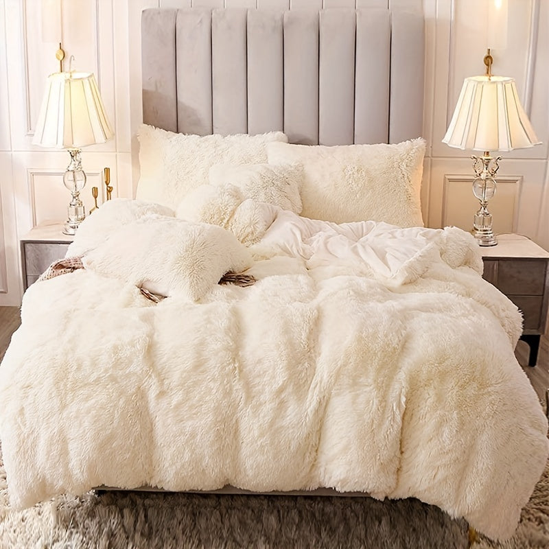 3pcs Multicolor Polyester Long-Hair Duvet Cover Set | Solid Color, Knitted, Zipper Closure, Plush Fabric, All-Season Comfort