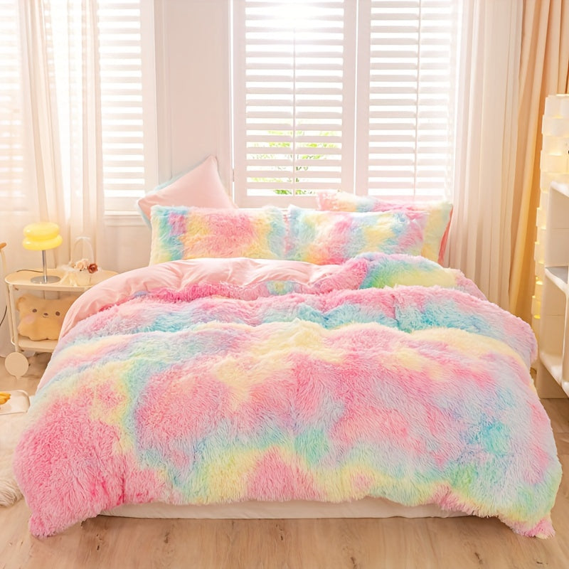 [Tie Dye Duvet Set] 3pcs Y2K Tie Dye Plush Duvet Cover Set - Soft & Warm Bedding Set - 1 Duvet Cover + 2 Pillowcase