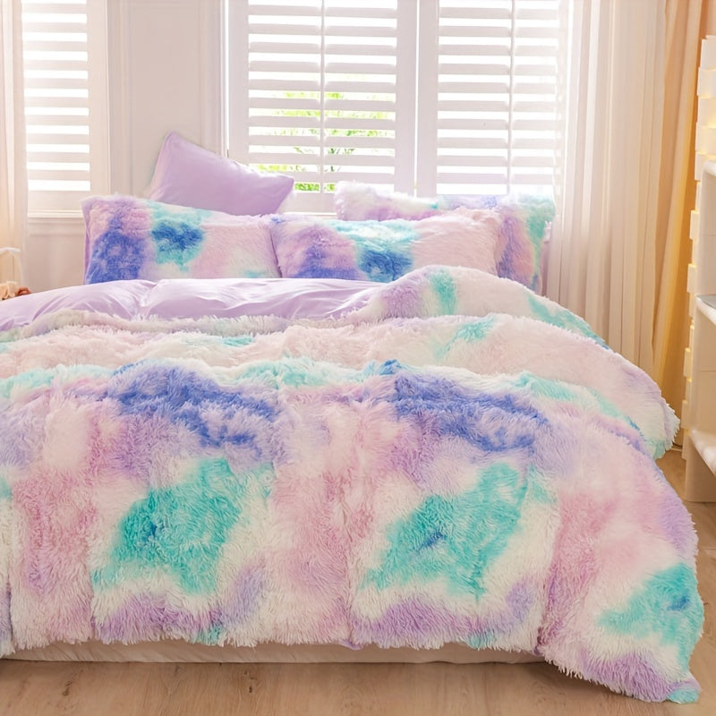 [Tie Dye Duvet Set] 3pcs Y2K Tie Dye Plush Duvet Cover Set - Soft & Warm Bedding Set - 1 Duvet Cover + 2 Pillowcase