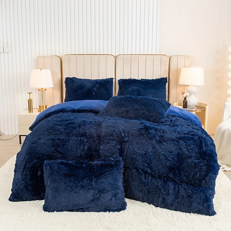 3pcs Multicolor Polyester Long-Hair Duvet Cover Set | Solid Color, Knitted, Zipper Closure, Plush Fabric, All-Season Comfort