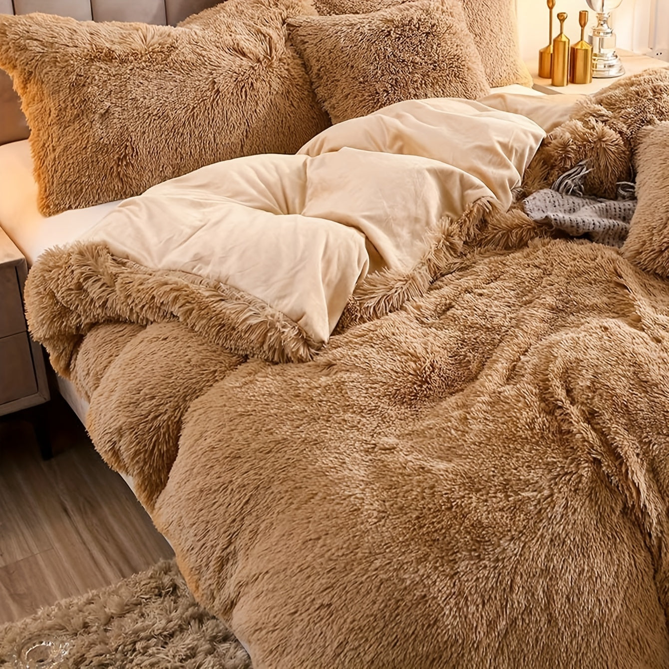 3pcs Multicolor Polyester Long-Hair Duvet Cover Set | Solid Color, Knitted, Zipper Closure, Plush Fabric, All-Season Comfort