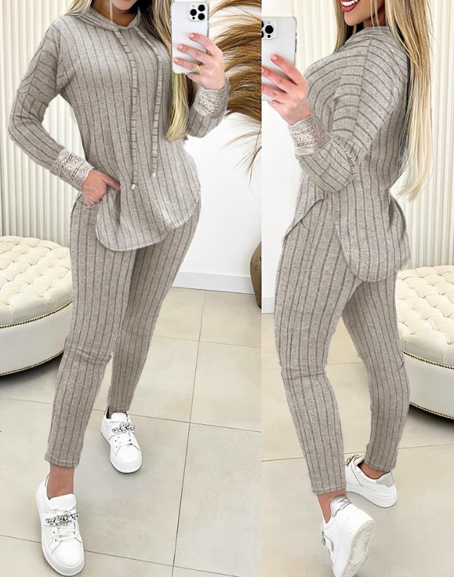 Autumn Winner Fashion Women's Two-Piece Set Temperament Commuting Lace Patch Ribbed Hooded Top & Pocket Design Pants Set