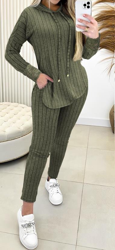 Autumn Winner Fashion Women's Two-Piece Set Temperament Commuting Lace Patch Ribbed Hooded Top & Pocket Design Pants Set