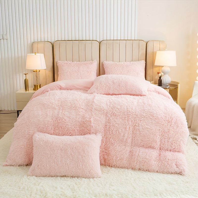 3pcs Multicolor Polyester Long-Hair Duvet Cover Set | Solid Color, Knitted, Zipper Closure, Plush Fabric, All-Season Comfort