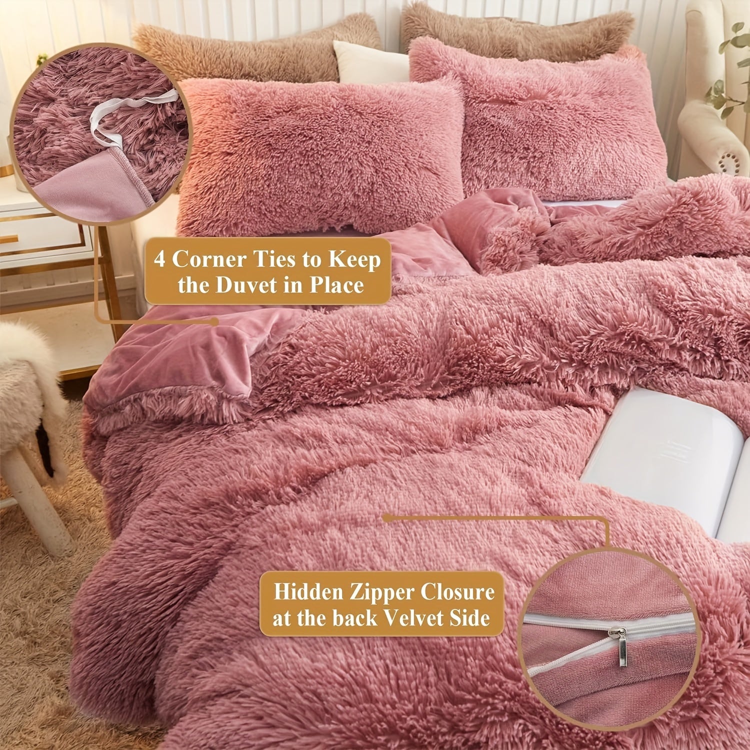 3pcs Multicolor Polyester Long-Hair Duvet Cover Set | Solid Color, Knitted, Zipper Closure, Plush Fabric, All-Season Comfort