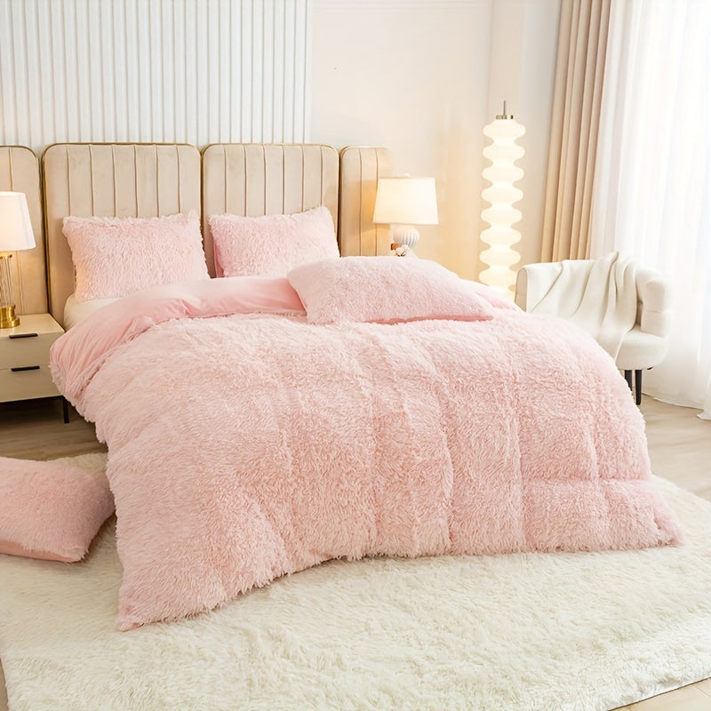 3pcs Multicolor Polyester Long-Hair Duvet Cover Set | Solid Color, Knitted, Zipper Closure, Plush Fabric, All-Season Comfort