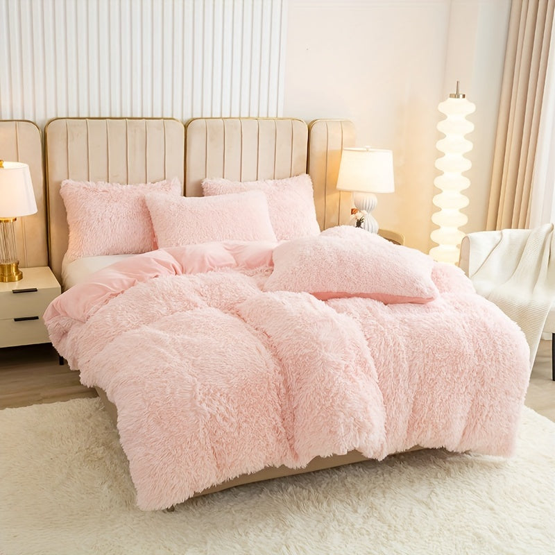 3pcs Multicolor Polyester Long-Hair Duvet Cover Set | Solid Color, Knitted, Zipper Closure, Plush Fabric, All-Season Comfort