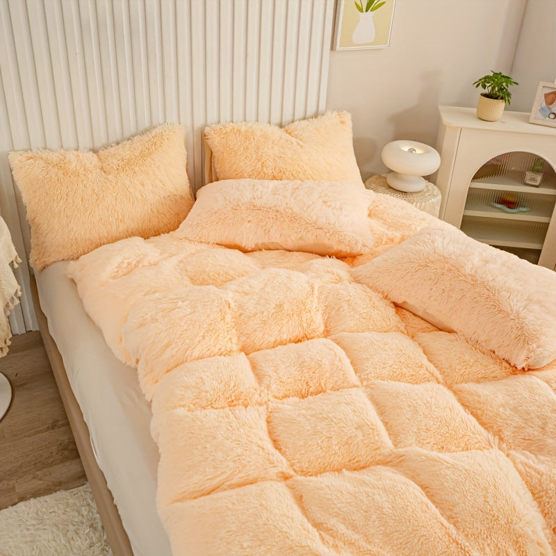 3pcs Multicolor Polyester Long-Hair Duvet Cover Set | Solid Color, Knitted, Zipper Closure, Plush Fabric, All-Season Comfort