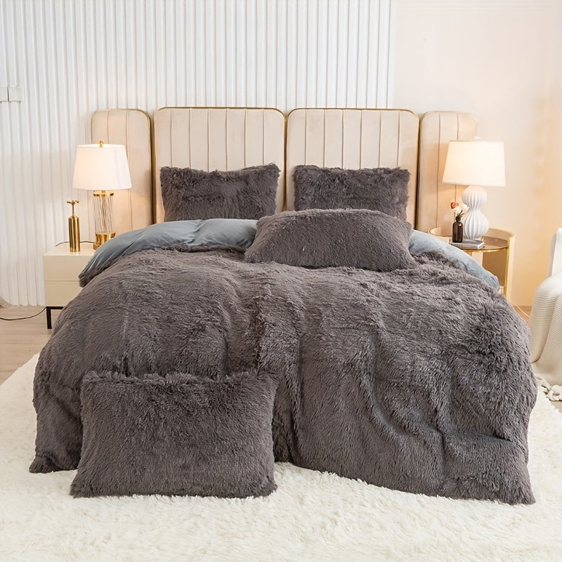 3pcs Multicolor Polyester Long-Hair Duvet Cover Set | Solid Color, Knitted, Zipper Closure, Plush Fabric, All-Season Comfort