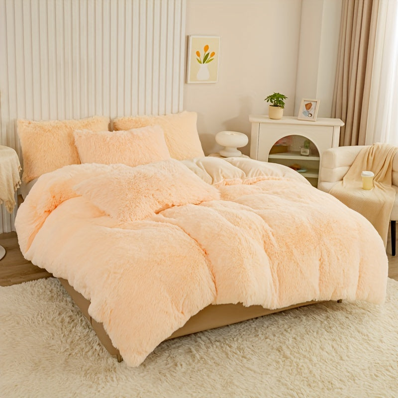 3pcs Multicolor Polyester Long-Hair Duvet Cover Set | Solid Color, Knitted, Zipper Closure, Plush Fabric, All-Season Comfort