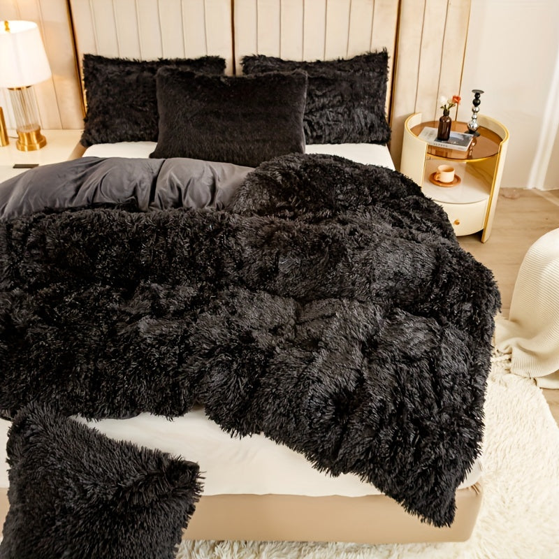 3pcs Multicolor Polyester Long-Hair Duvet Cover Set | Solid Color, Knitted, Zipper Closure, Plush Fabric, All-Season Comfort