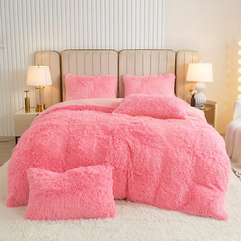 3pcs Multicolor Polyester Long-Hair Duvet Cover Set | Solid Color, Knitted, Zipper Closure, Plush Fabric, All-Season Comfort