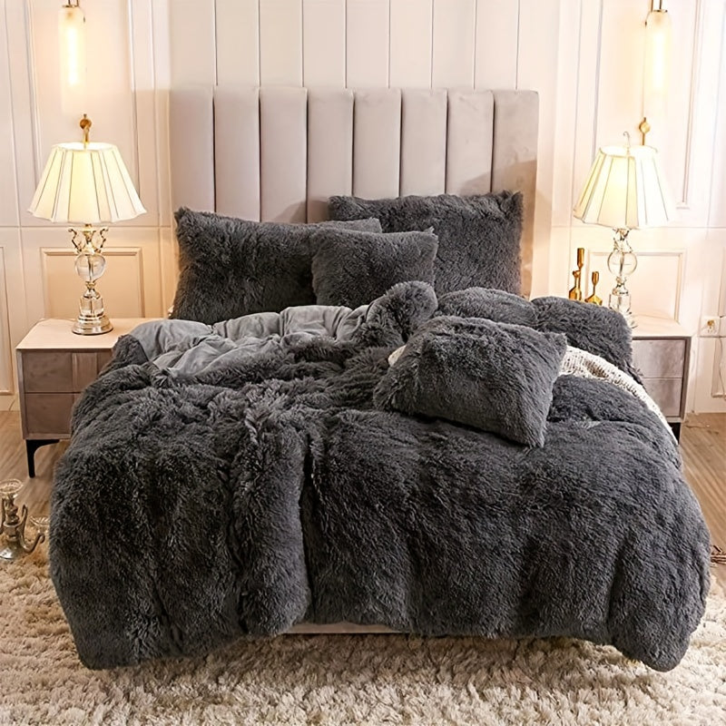 3pcs Multicolor Polyester Long-Hair Duvet Cover Set | Solid Color, Knitted, Zipper Closure, Plush Fabric, All-Season Comfort