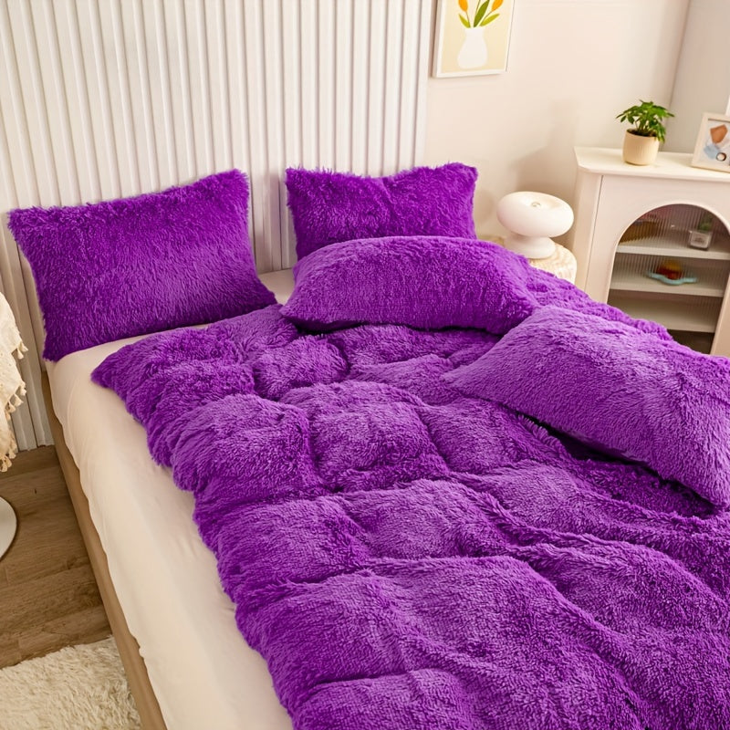 3pcs Multicolor Polyester Long-Hair Duvet Cover Set | Solid Color, Knitted, Zipper Closure, Plush Fabric, All-Season Comfort