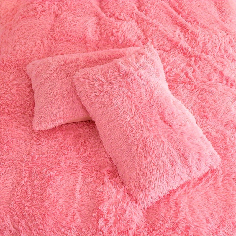 3pcs Multicolor Polyester Long-Hair Duvet Cover Set | Solid Color, Knitted, Zipper Closure, Plush Fabric, All-Season Comfort