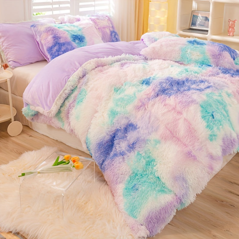 [Tie Dye Duvet Set] 3pcs Y2K Tie Dye Plush Duvet Cover Set - Soft & Warm Bedding Set - 1 Duvet Cover + 2 Pillowcase