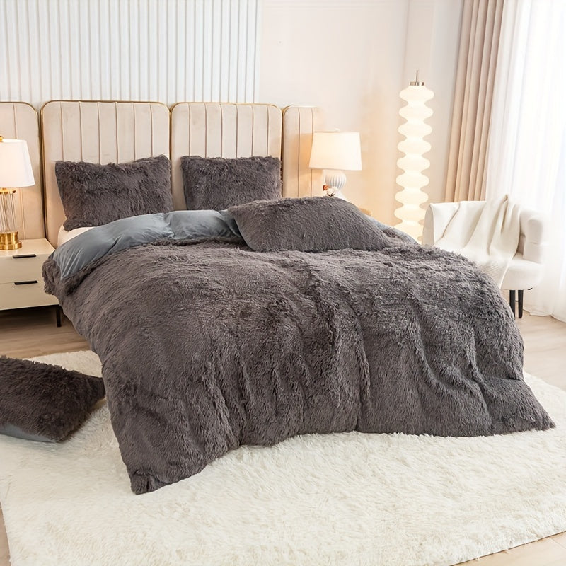 3pcs Multicolor Polyester Long-Hair Duvet Cover Set | Solid Color, Knitted, Zipper Closure, Plush Fabric, All-Season Comfort