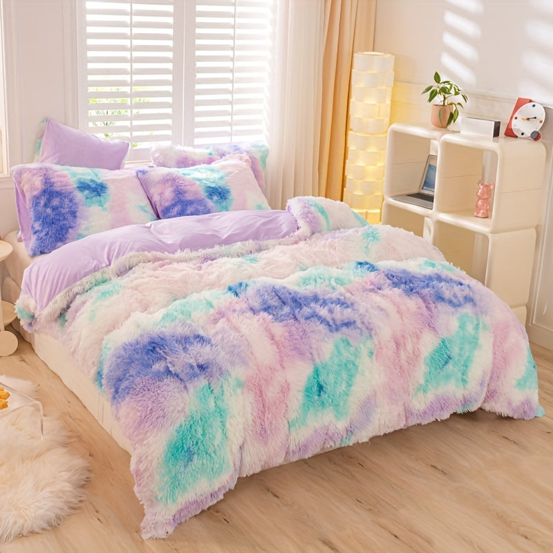 [Tie Dye Duvet Set] 3pcs Y2K Tie Dye Plush Duvet Cover Set - Soft & Warm Bedding Set - 1 Duvet Cover + 2 Pillowcase