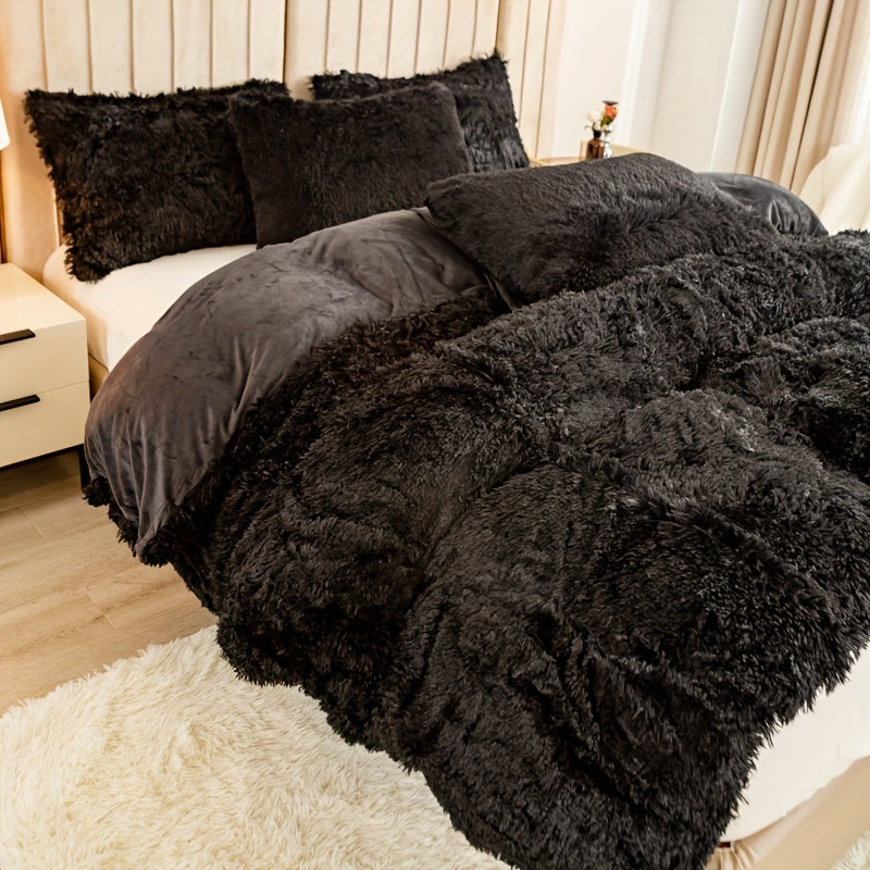 3pcs Multicolor Polyester Long-Hair Duvet Cover Set | Solid Color, Knitted, Zipper Closure, Plush Fabric, All-Season Comfort
